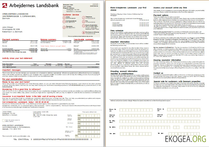 Danemark Arbejdernes Landsbank relevé bancaire hypothécaire, 2 pages, 1 , 2 scr